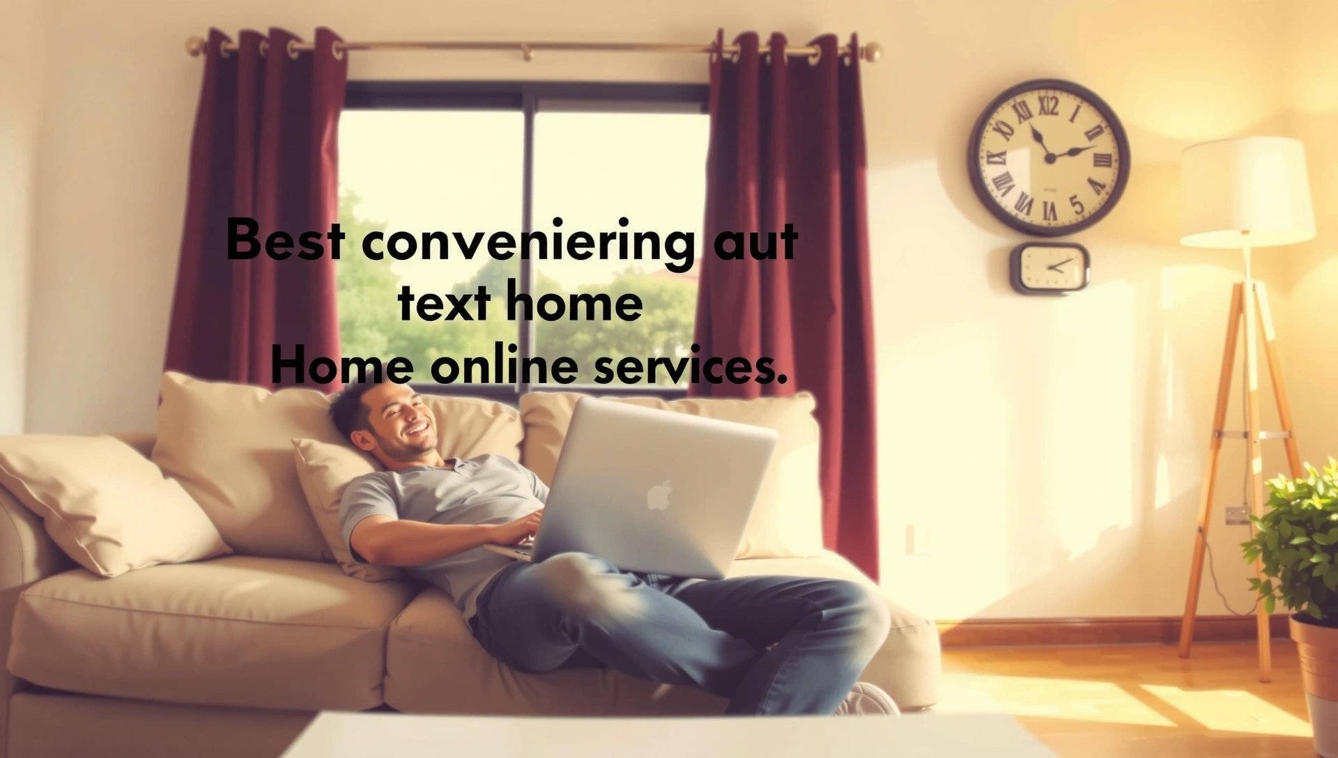 A blurred background image of a person using a laptop on a comfortable couch, symbolizing online convenience.